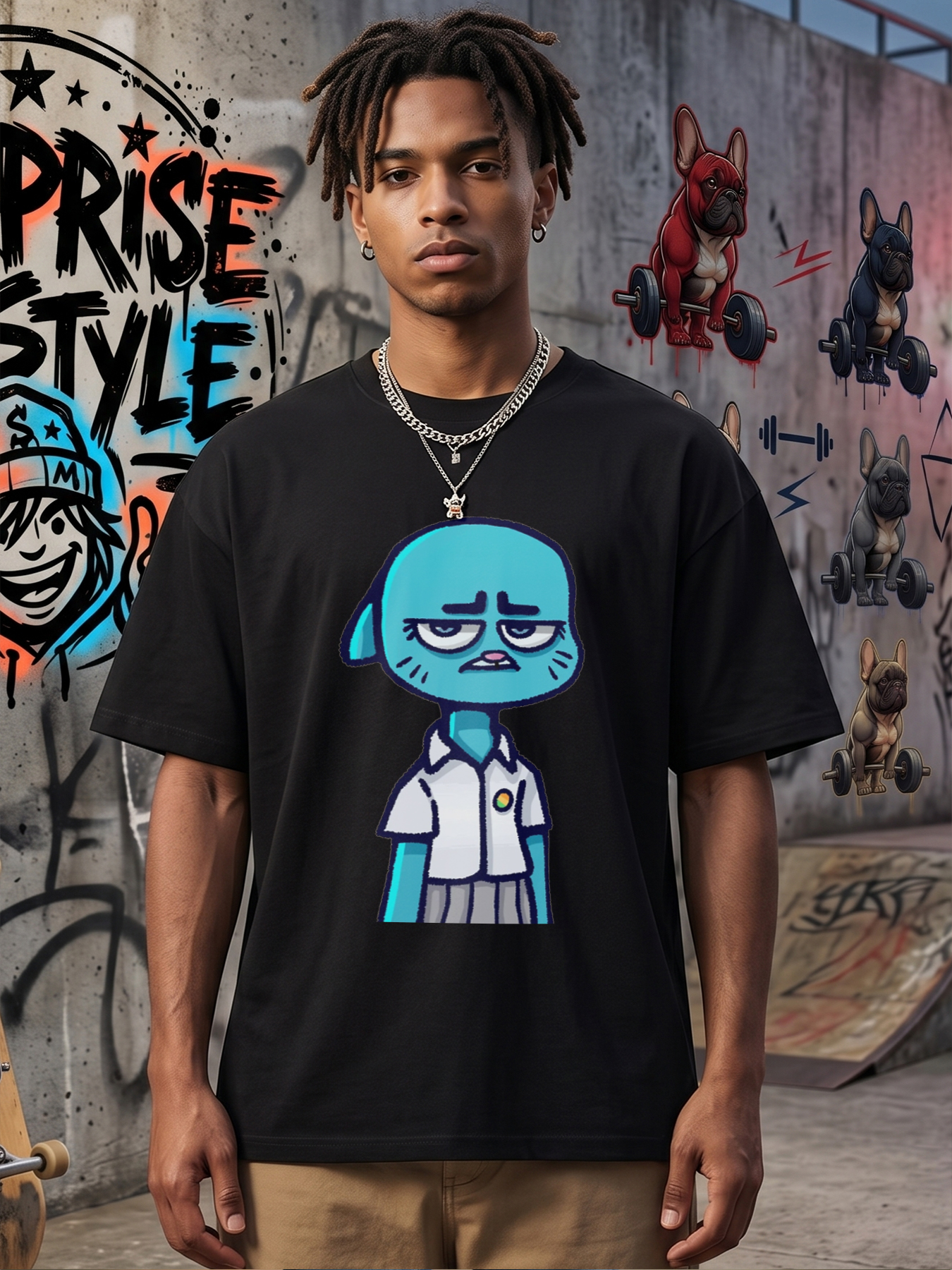 Men's Printed T-Shirt Featuring Blue Cartoon Character with Sad Expression and School Uniform Design, Casual Round Neck Lightweight Breathable Summer Short Sleeve Tee for Daily Wear, College Students, and Pop Culture Fans