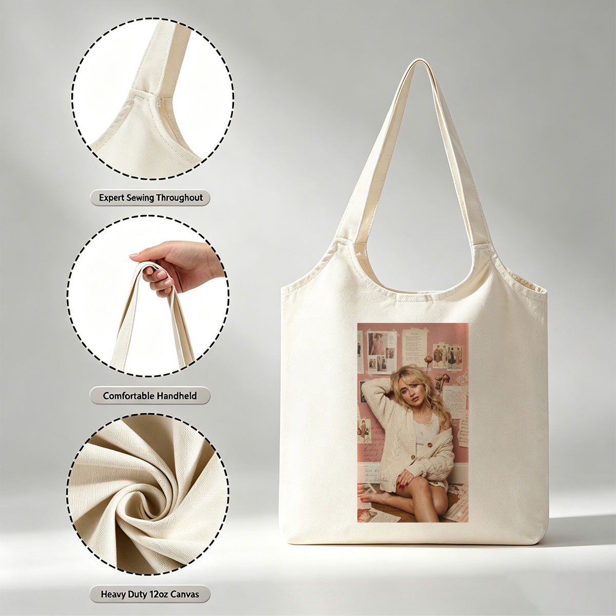 Sabrina Carpenter Sitting on Floor in Cozy Knit Cardigan Against Pink Wall with Vintage Photos and Letters - Canvas shoulder bags/