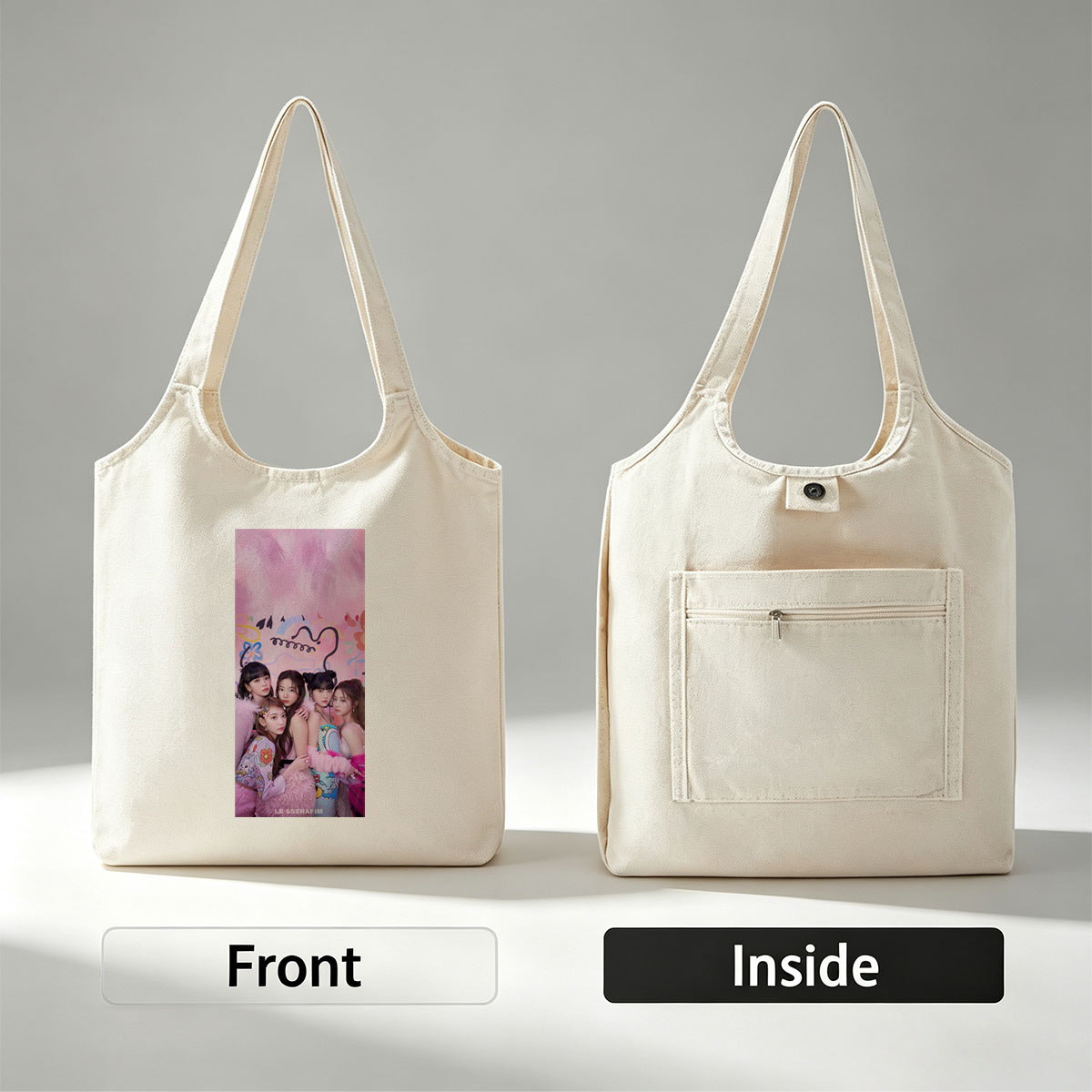 LE SSERAFIM in a Colorful Pink-Themed Photo Shoot with Playful Expressions and Vibrant Outfits - Canvas shoulder bags/
