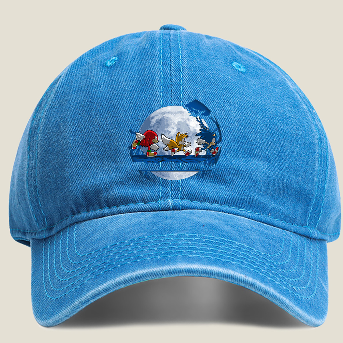 Sonic, Tails, and Knuckles Running Under the Moon - Washed Denim - Baseball Cap