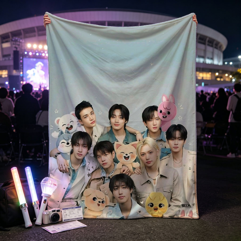 Stray Kids Group Photo with Cute Animal Plushies in a Starry Sky Background - Blankets