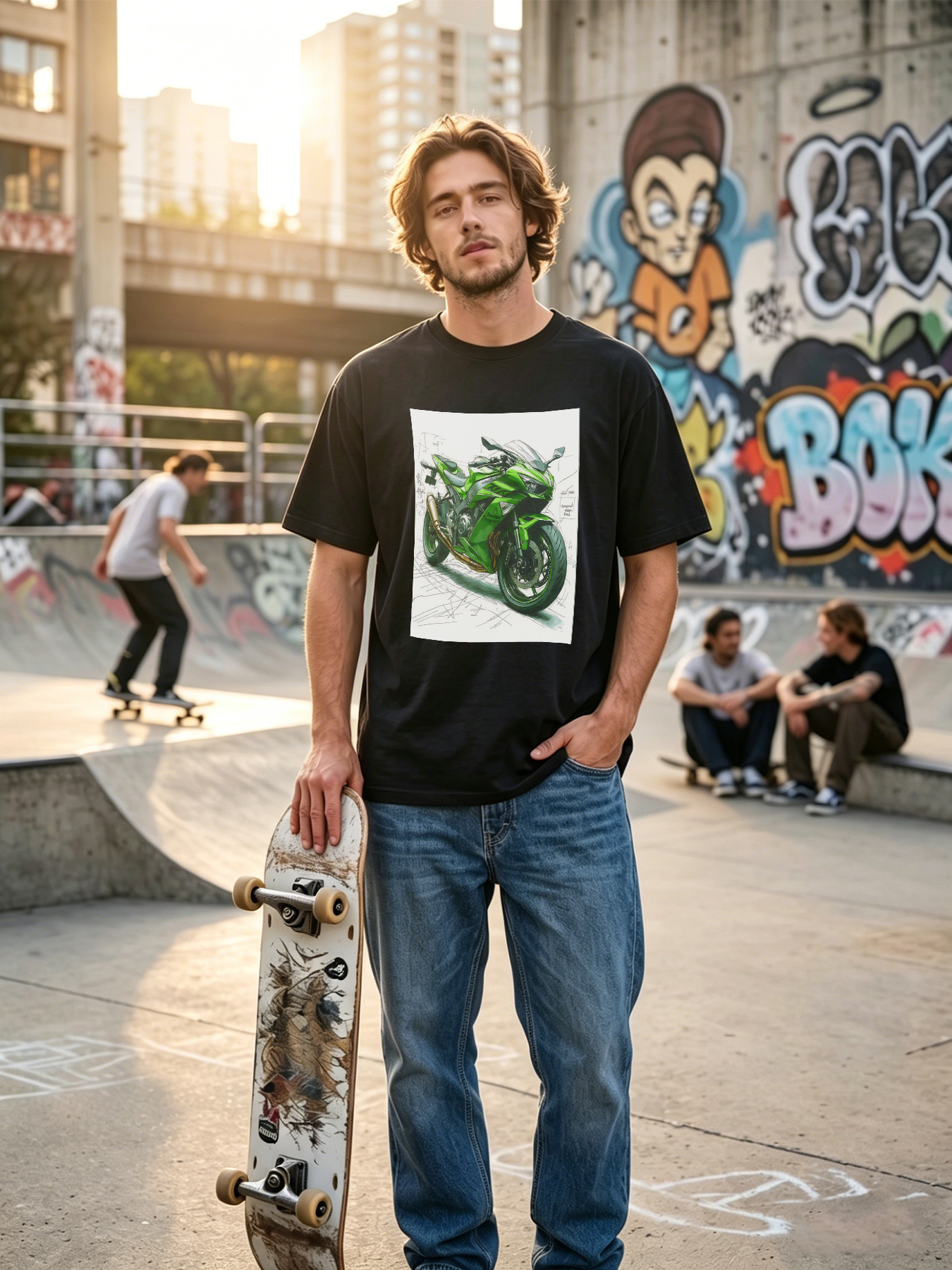 Men's Graphic T-Shirt Green Motorcycle Design Sketch Style Casual Round Neck Summer Lightweight Breathable Short Sleeve T-Shirt for Bikers and Motorbike Enthusiasts Adult Male Riders