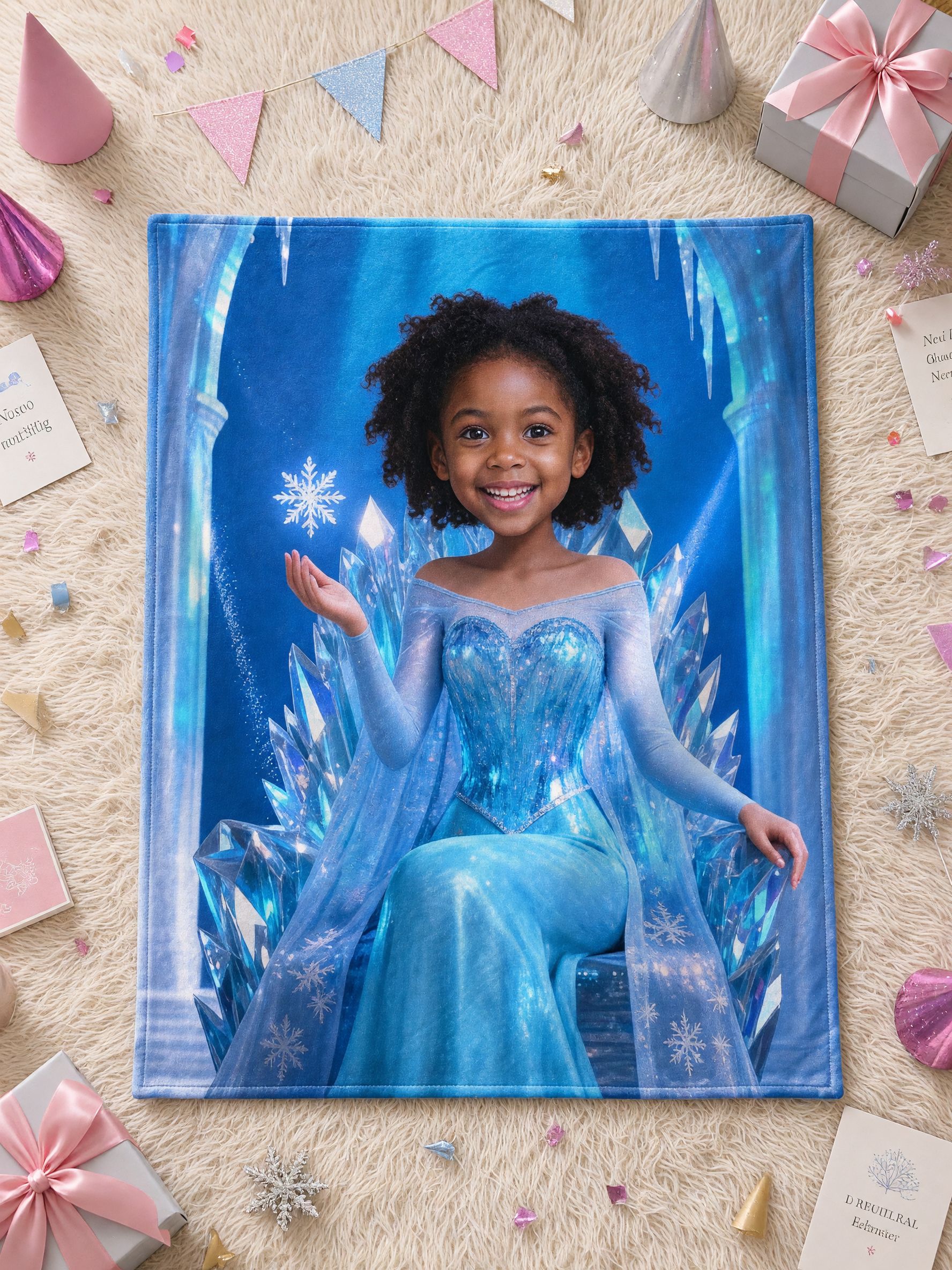 Custom Photo Face Blanket, Ice Princess Crystal Throne Velvet Flannel Throw, Ideal Personalized Birthday Gift