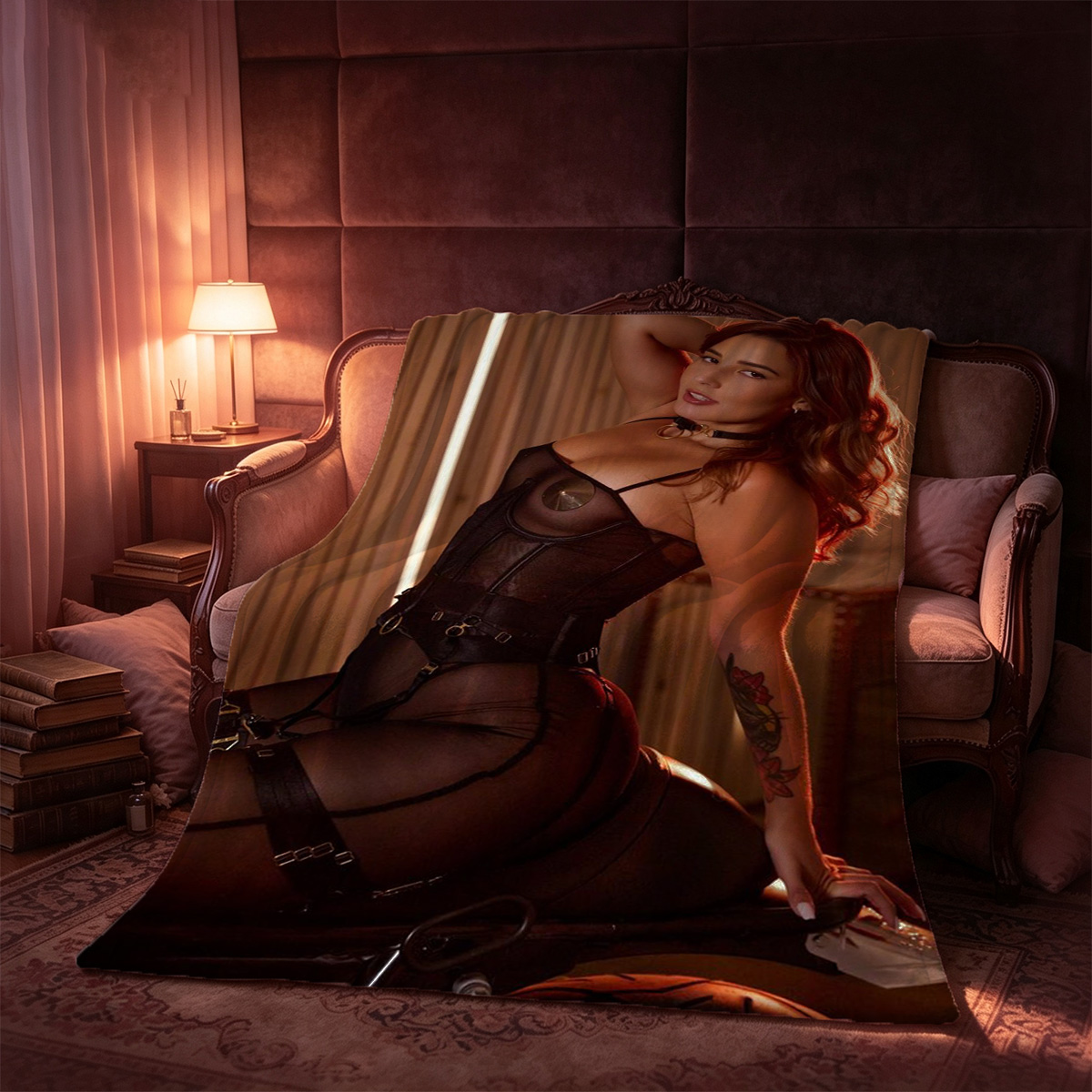 Redhead beauty with lilac bouquet sitting nude on kitchen counter. - Blanket