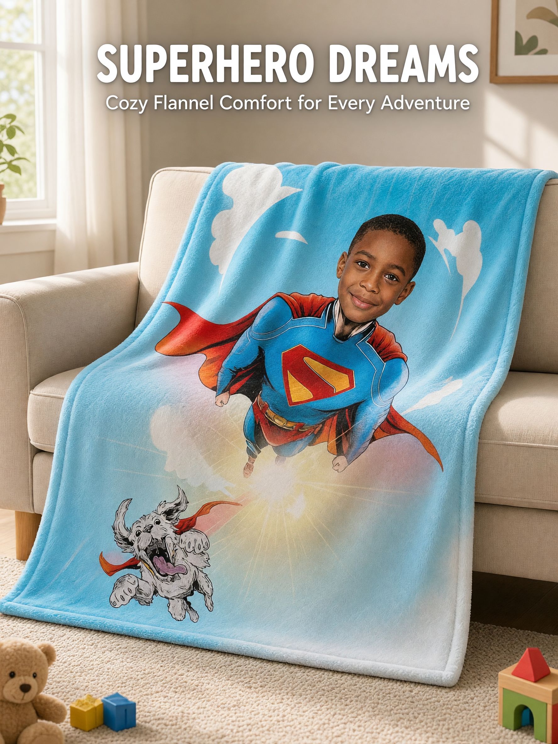 Custom Photo Superhero Flannel Blanket, Personalized Face Hero Fleece Throw, Warm Keepsake Gift for Kids and Family