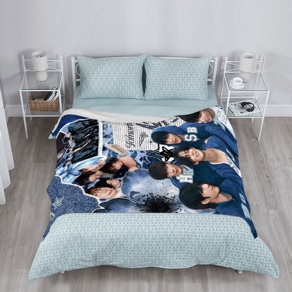 Tomorrow X Together Group Photo Collage with Blue Theme and Inspirational Quote - Blankets