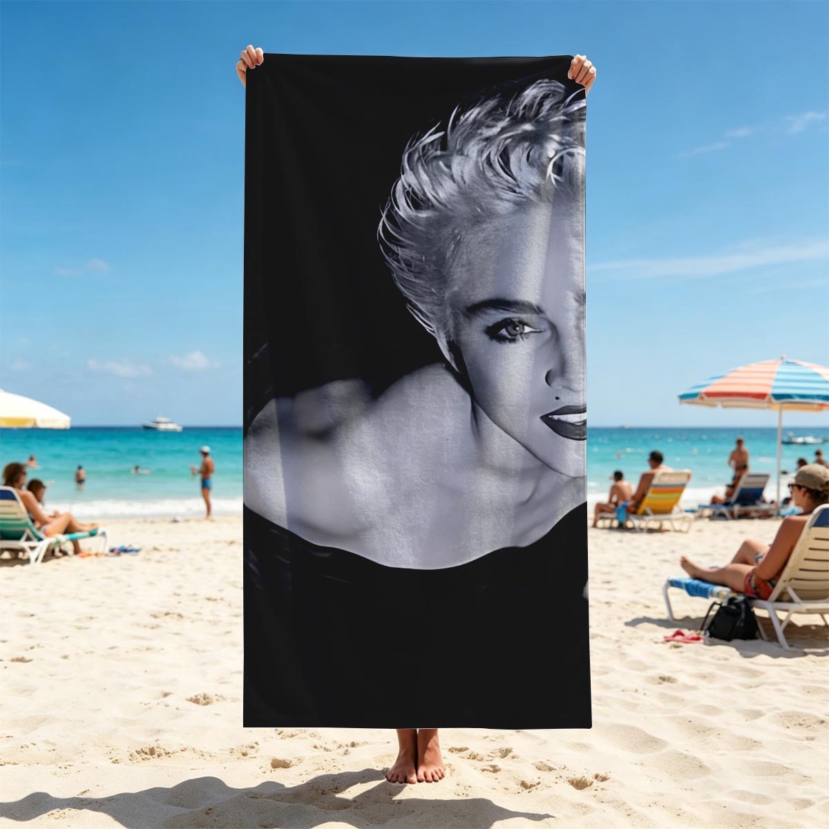 Madonna in a striking black and white portrait, showcasing bold makeup and voluminous blonde hair. - Beach towels
