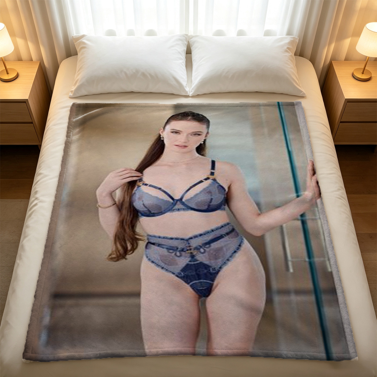 A young woman in a strapless floral mini dress posing on a purple vintage sofa. - Blanket
