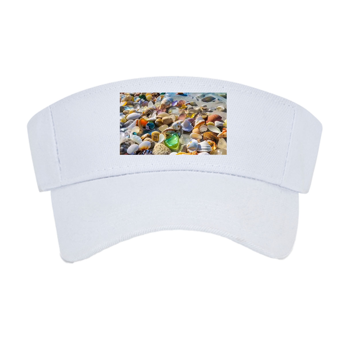 Colorful seashells on a tropical beach with clear blue water and sky. -  Visor cap