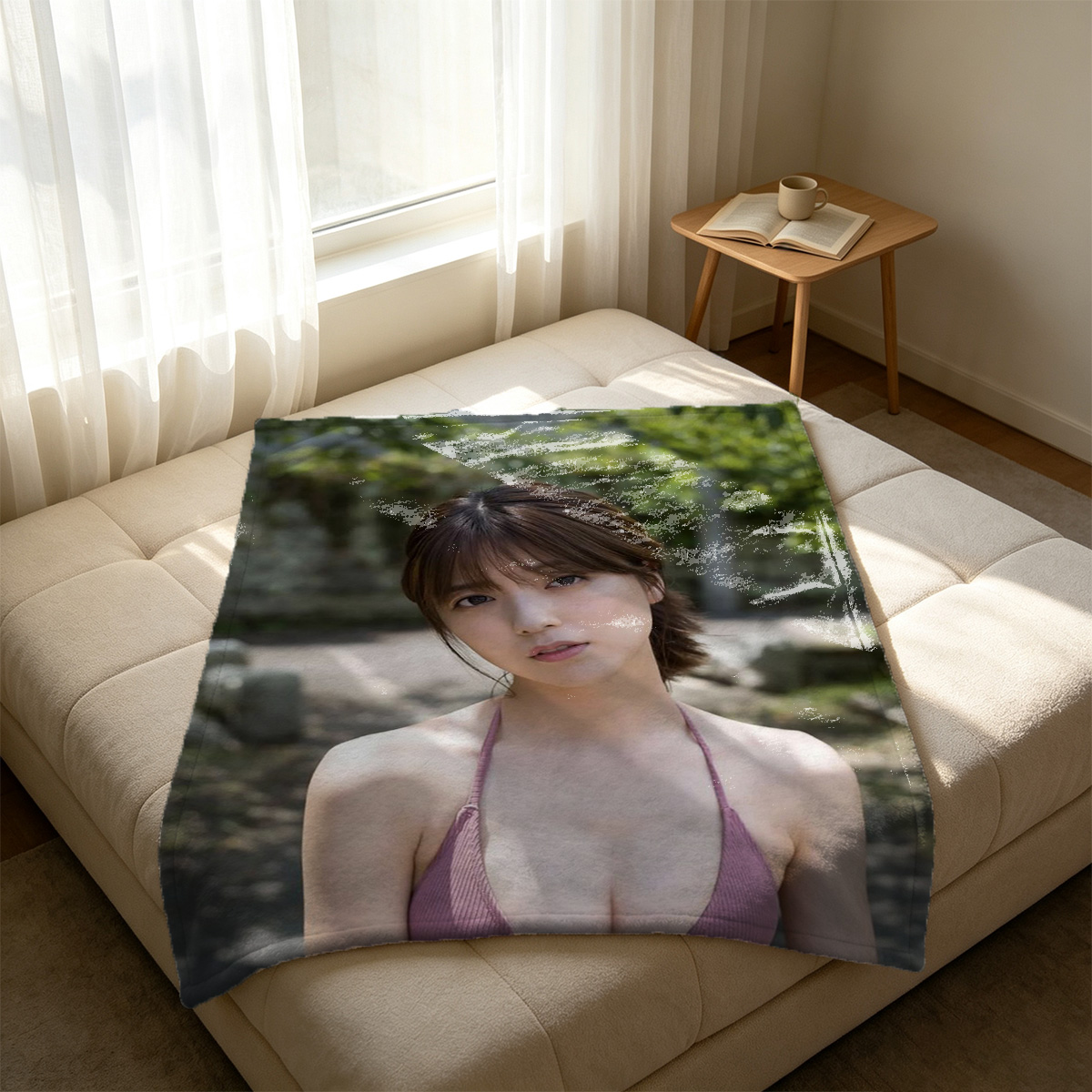 Nude Redhead on Fur Blanket in Stone Room - Blanket
