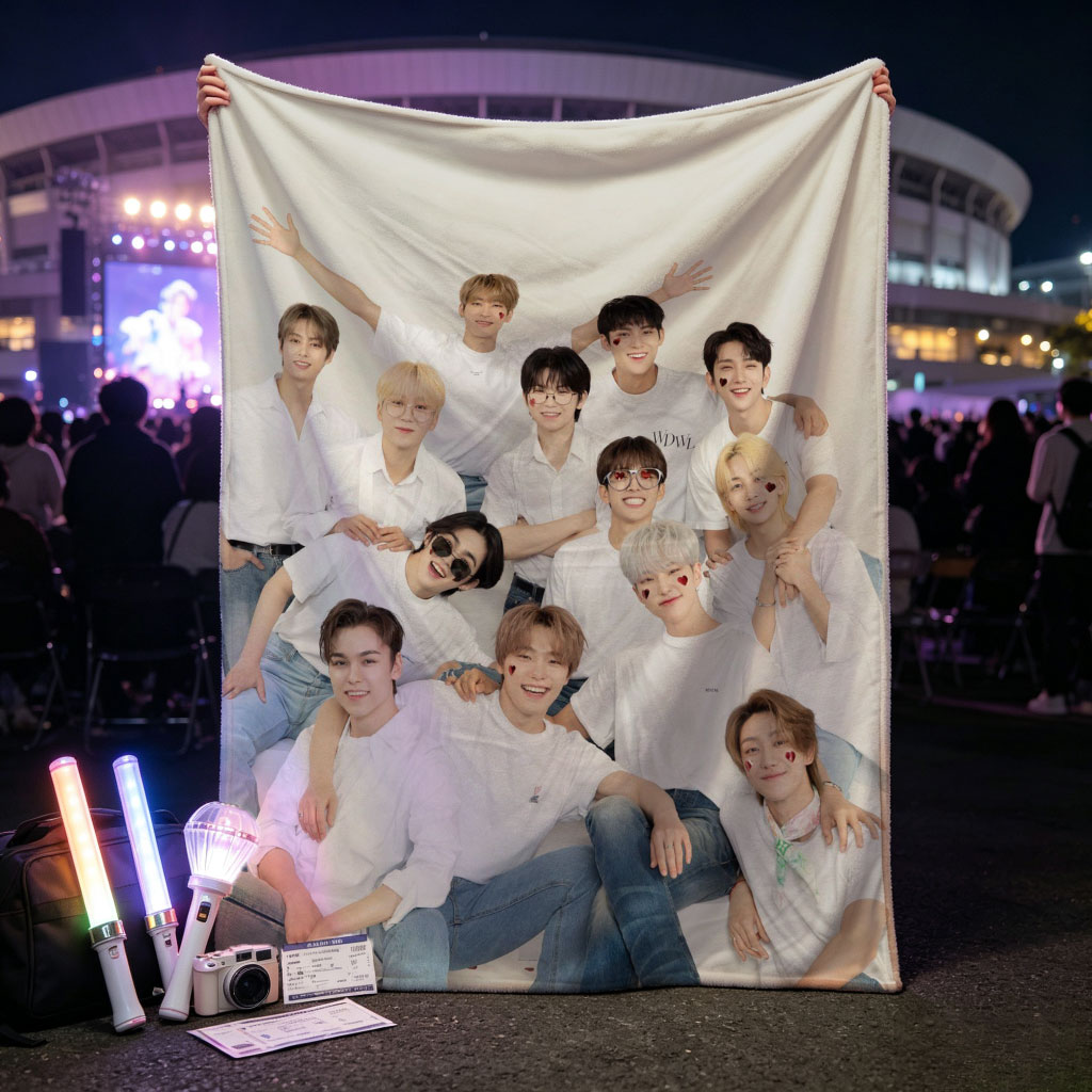 SEVENTEEN Group Photo in White Outfits with Playful Poses and Red Heart Details - Blankets