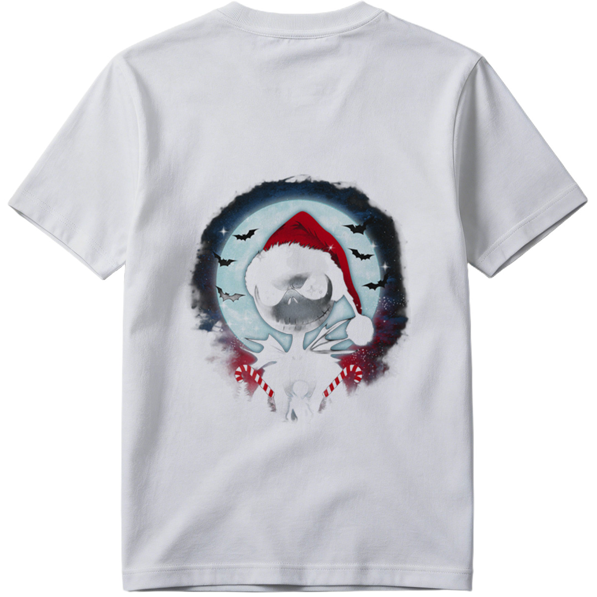 Jack Skellington in Santa Hat with Candy Canes Against Moonlit Sky - Tee
