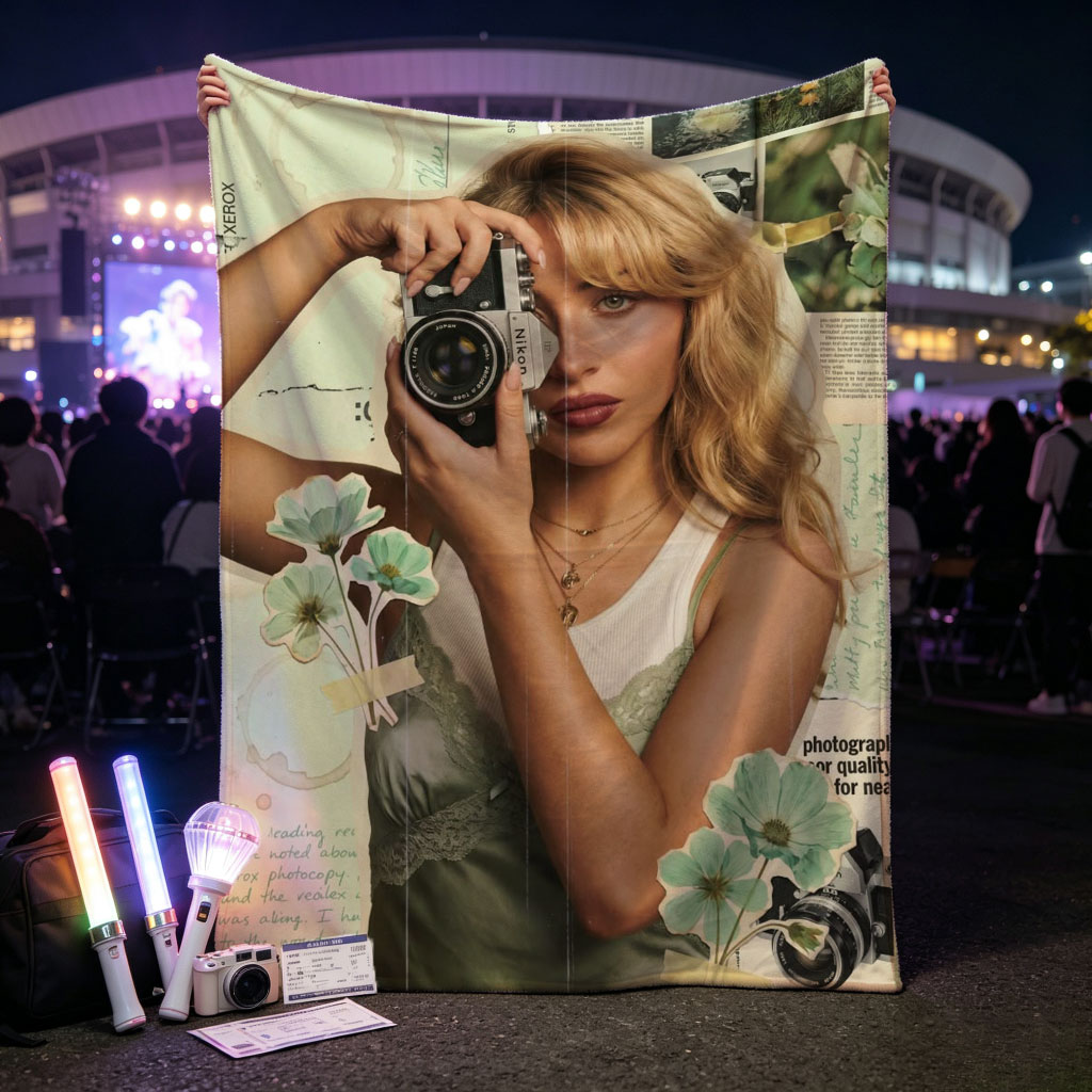 Margot Robbie Holding a Vintage Camera in a Collage-Style Portrait with Floral Elements and Photography Text Background - Blankets