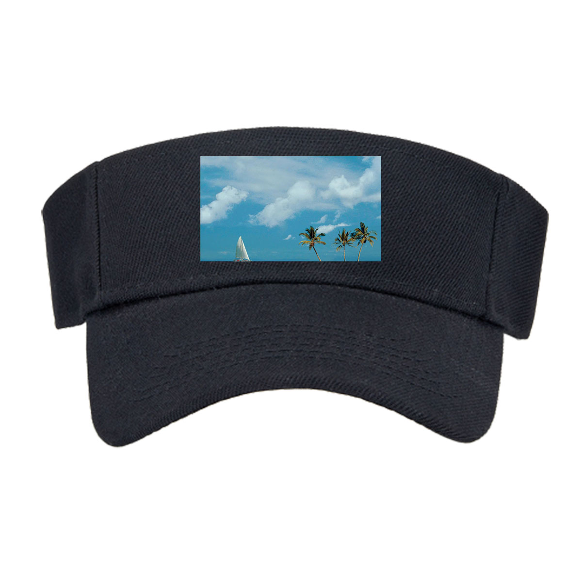 Sailboat near tropical island with palm trees under blue sky -  Visor cap