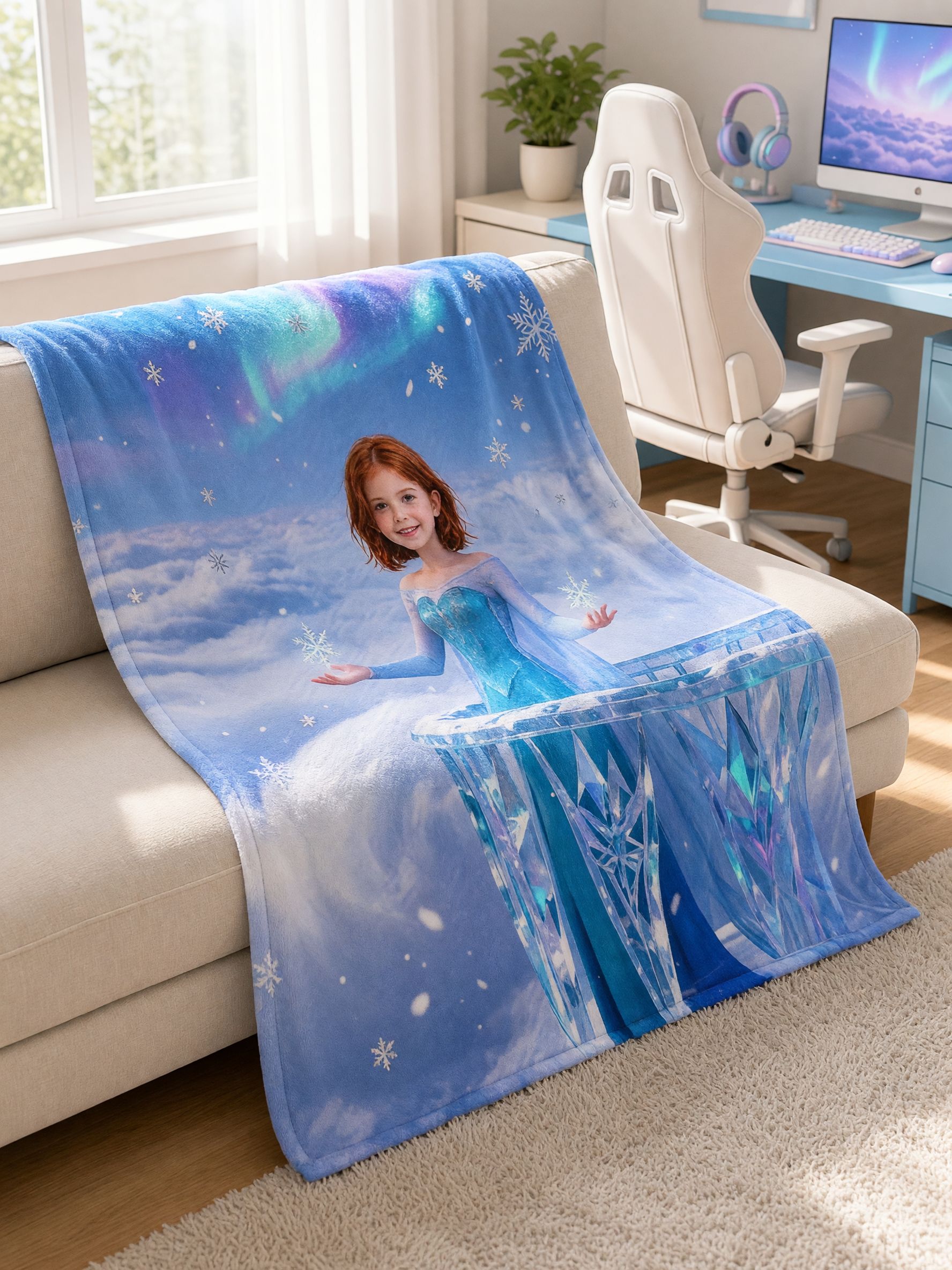 Custom Face Photo Ice Princess Blanket, Personalized Flannel Throw, Ultra Soft Fleece Bed Couch Decor, Unique Gift