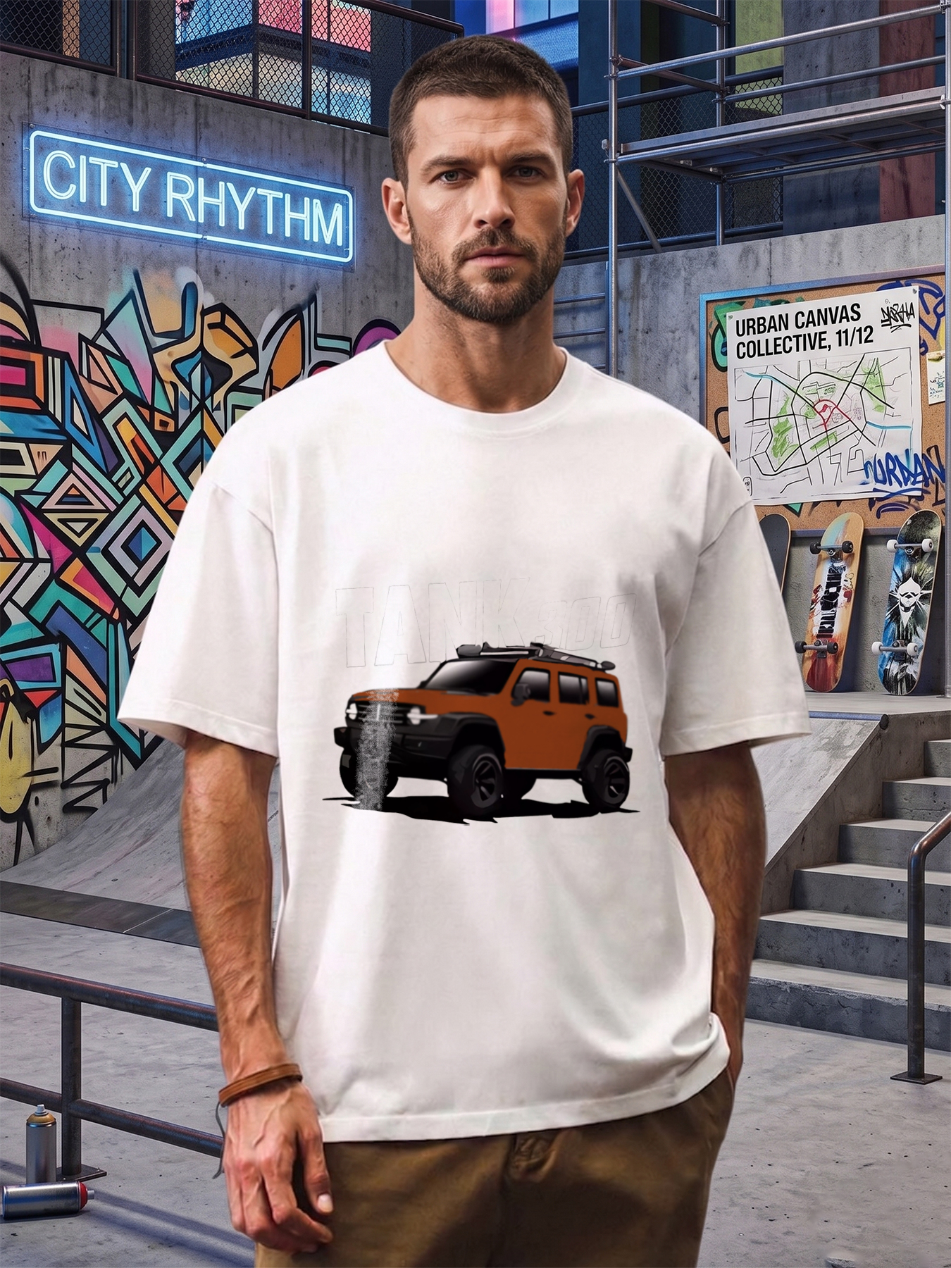 Men's Printed T-Shirt Tank 300 SUV Graphic Design Casual Round Neck Summer Lightweight Breathable Short Sleeve T-Shirt for Outdoor Adventures and Car Enthusiasts