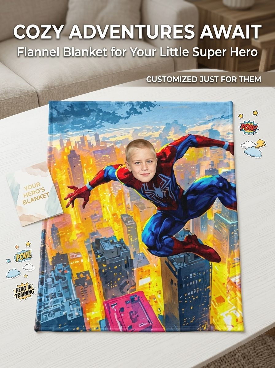 Personalized Face Superhero Fleece Blanket Custom Photo Upload Plush Flannel Throw for Kids Cozy Birthday Keepsake Gift