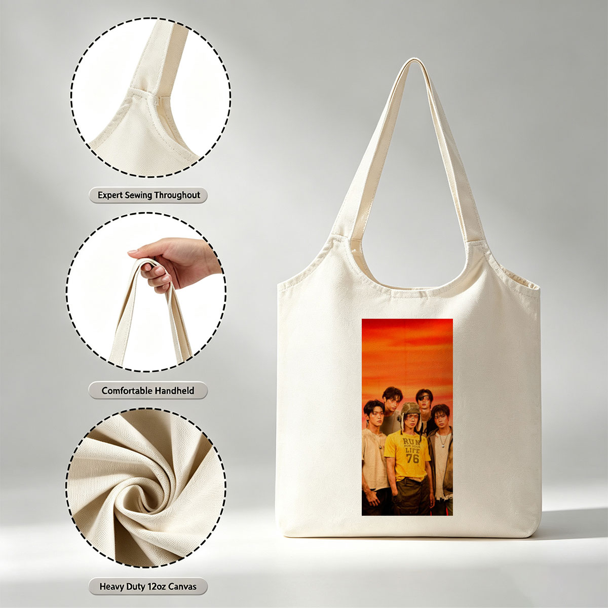 TXT Members in a Bold Group Pose Against a Vibrant Orange Sky Background - Canvas shoulder bags/