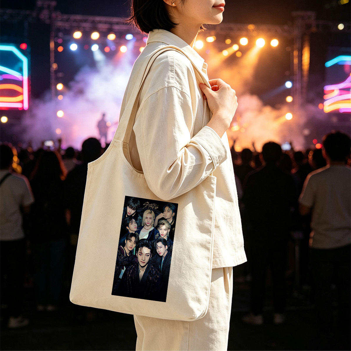 Stray Kids Group Portrait in Dark Elegant Attire with Intense Expressions - Canvas shoulder bags/