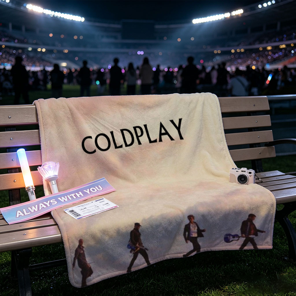 Coldplay Band Members Walking on a Hill at Sunset with Instruments - Blankets