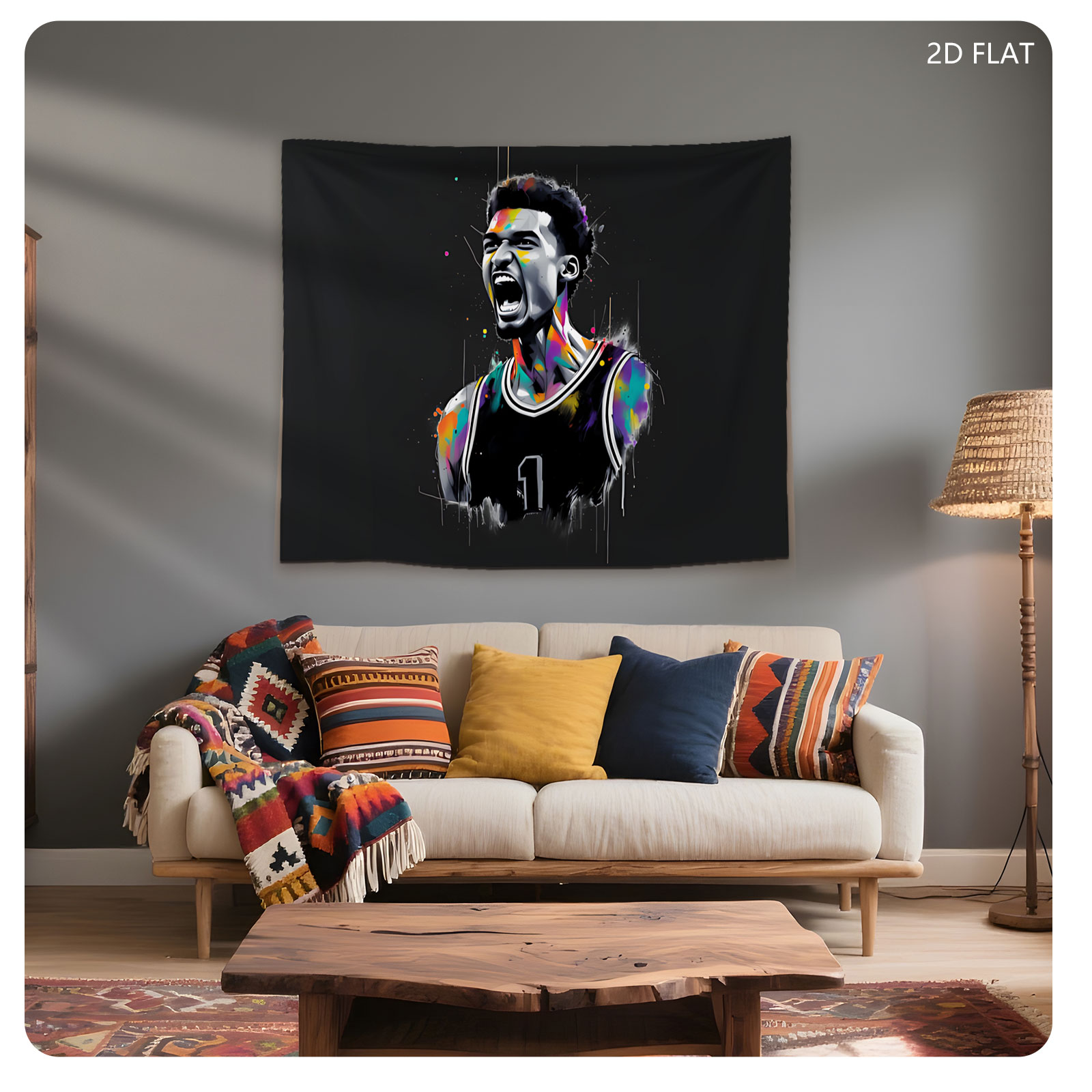 Derrick Rose in a vibrant, expressive basketball jersey with dynamic splashes of color. - Tapestry