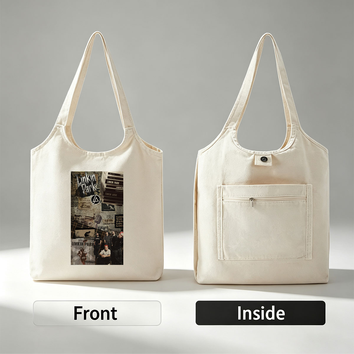 Linkin Park Band Collage Featuring Album Art, Members, and Vintage Newspaper Background - Canvas shoulder bags/