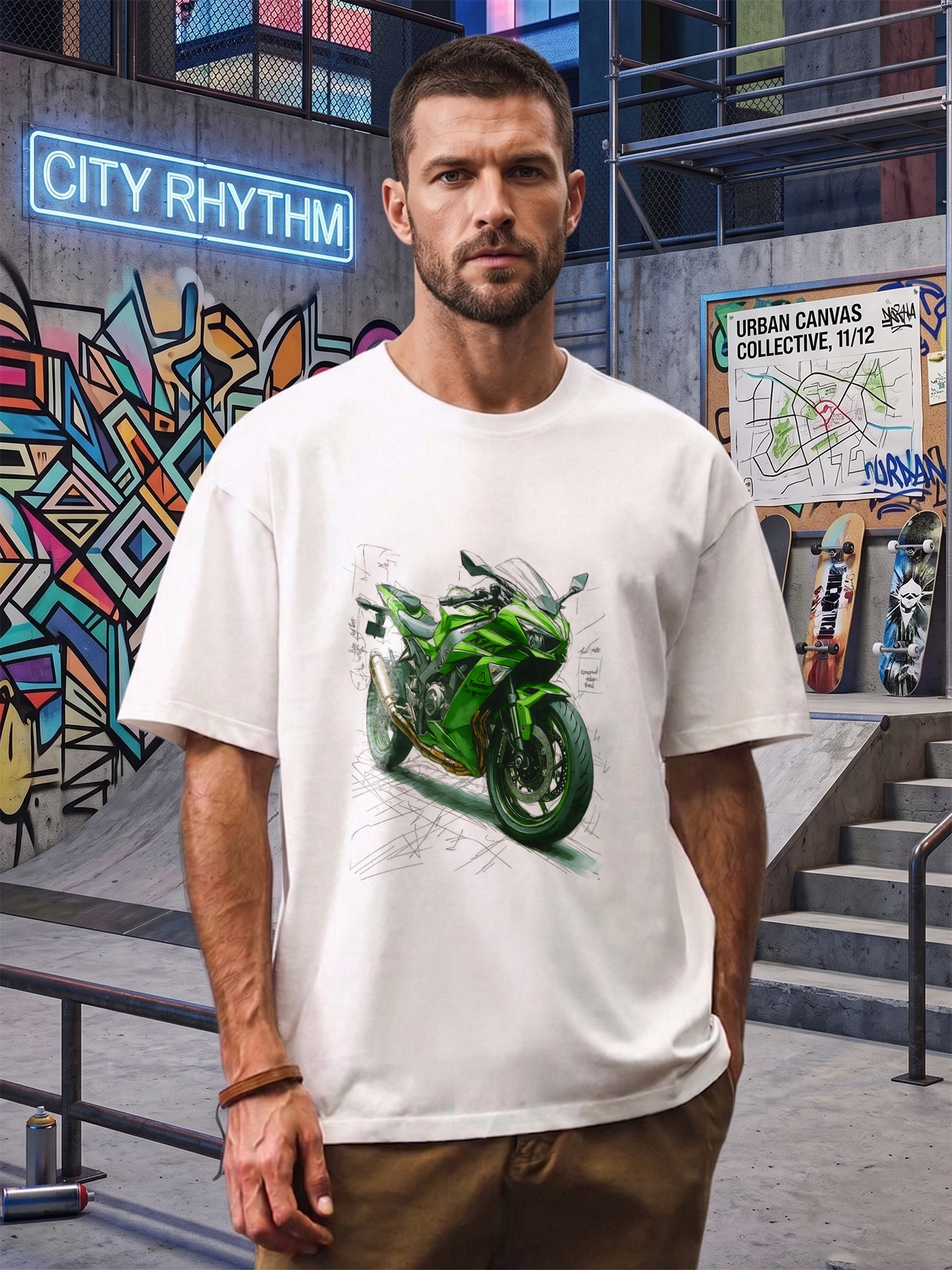 Men's Graphic T-Shirt Green Motorcycle Design Sketch Style Casual Round Neck Summer Lightweight Breathable Short Sleeve T-Shirt for Bikers and Motorbike Enthusiasts Adult Male Riders