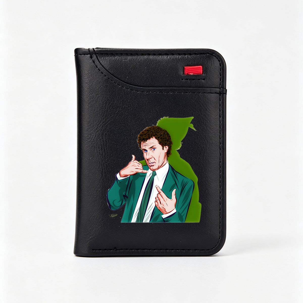 Will Ferrell as Ron Burgundy in Anchorman, making a phone gesture with expressive hands and a green suit. - Vertical Style Wallet