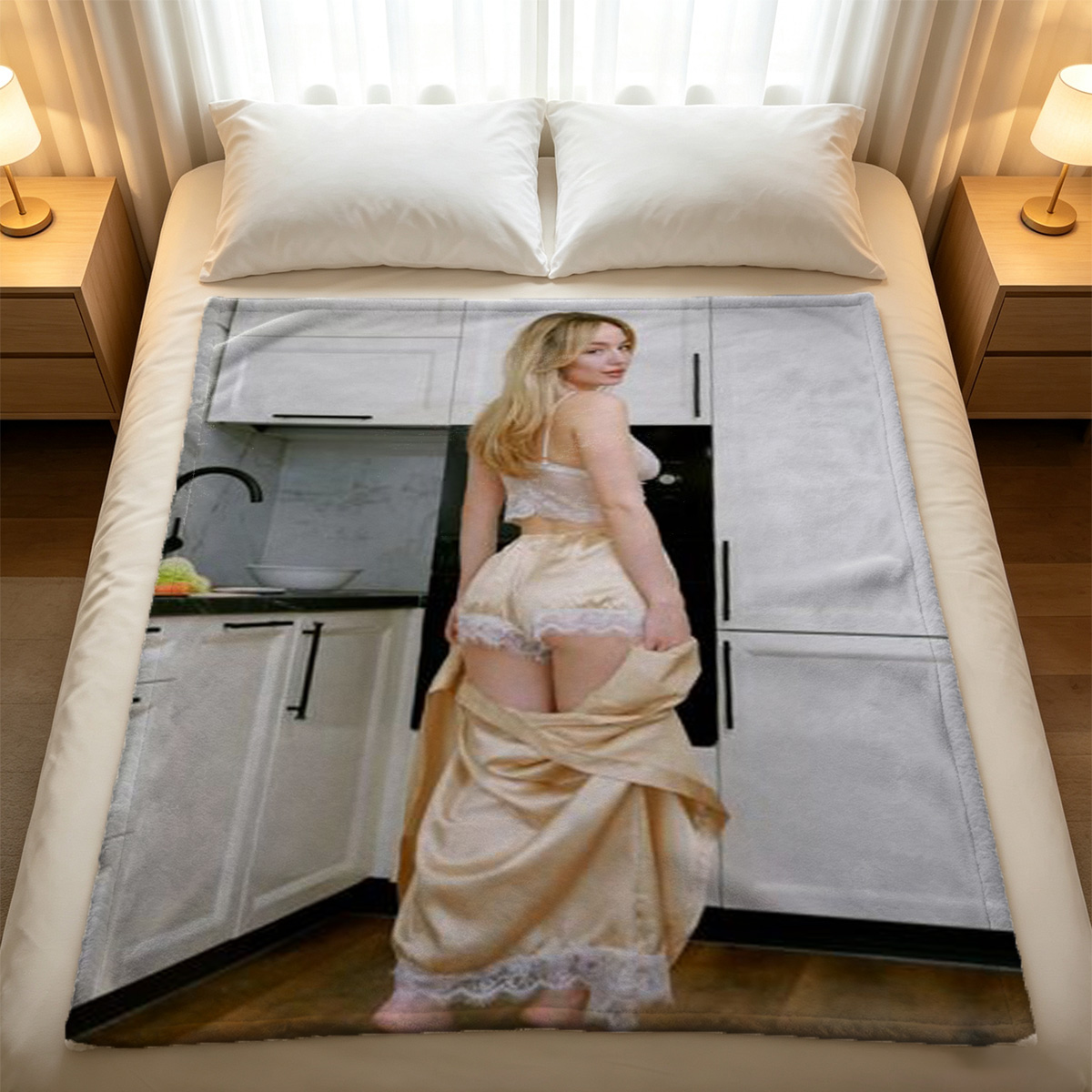 Miyabi Kurosaki nude on wooden bench in elegant pose - Blanket