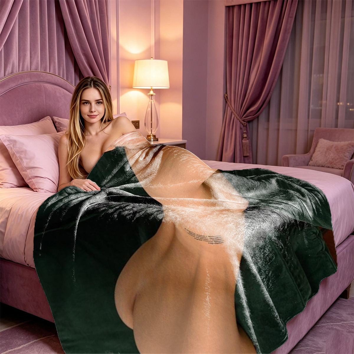 Blonde Maid in Black and White Lingerie Teasing on Bed - Blanket