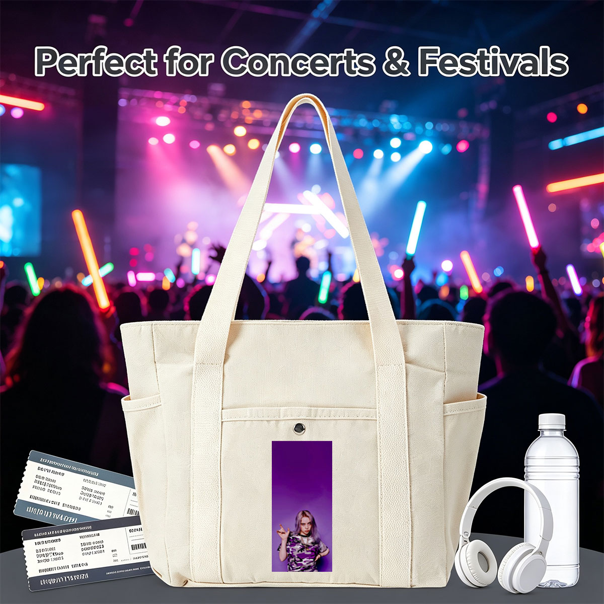 Billie Eilish in Purple Camo Outfit Making Hand Gesture Against Vibrant Background - Multi-pocket bags