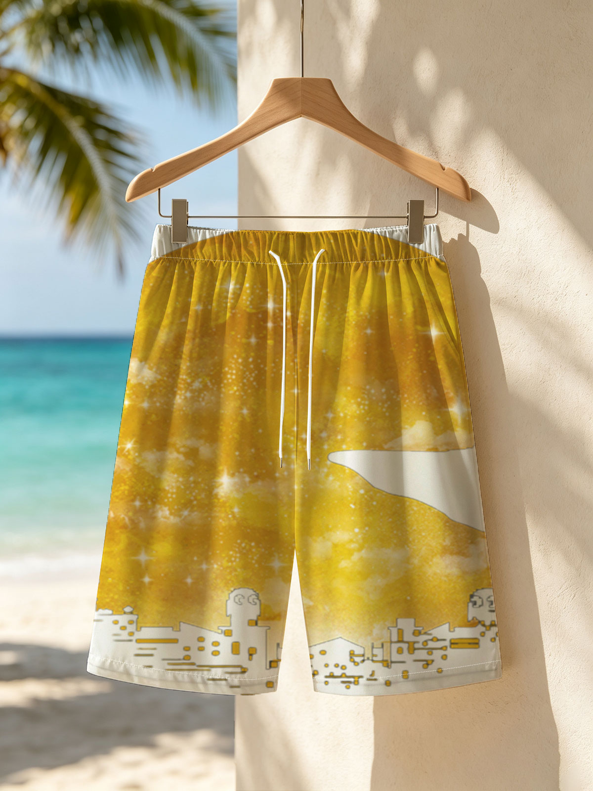 City Silhouettes Under a Golden Moon with Starry Sky -  Beach shorts