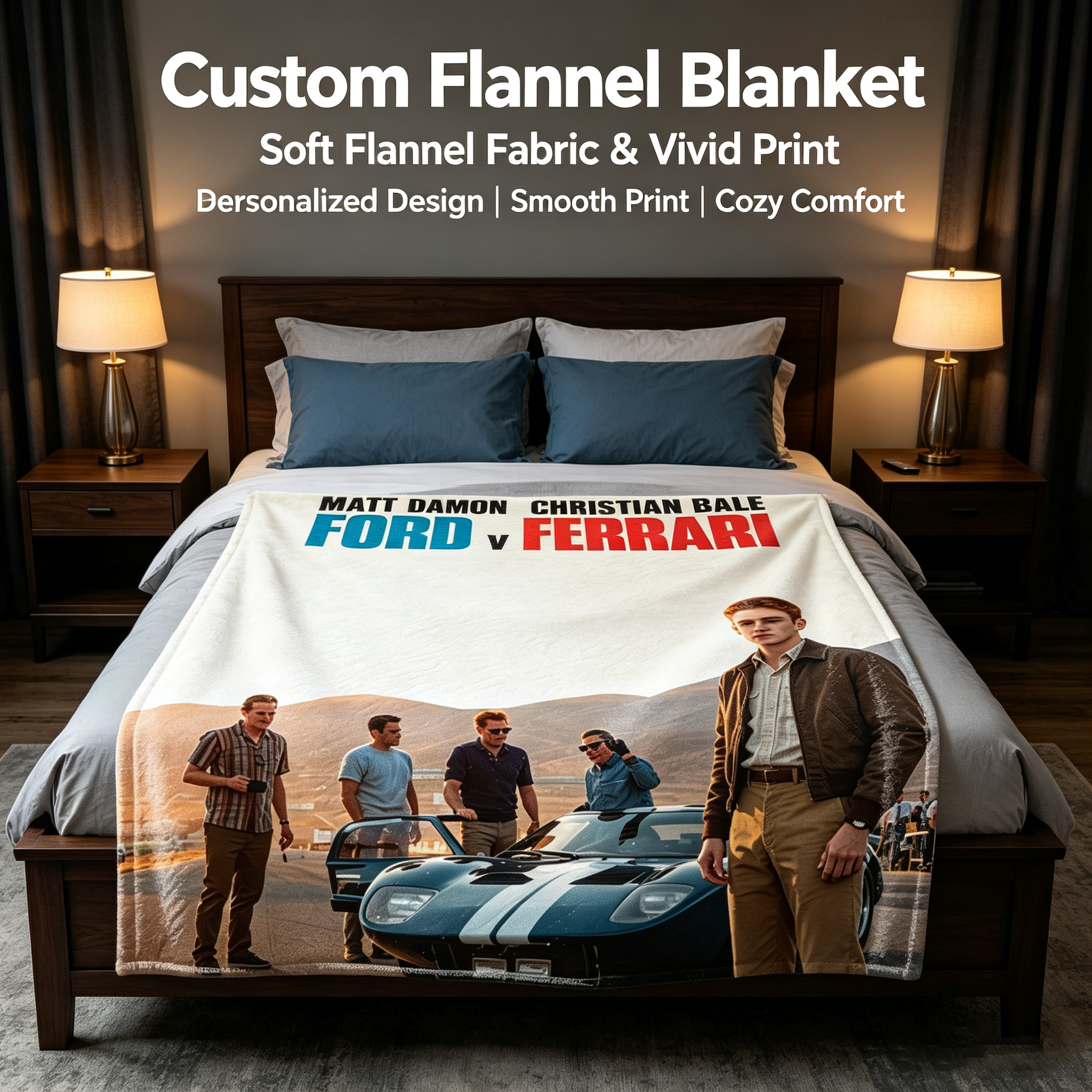 Custom Face Blanket Ford v Ferrari Movie Poster Flannel Blanket for Car Enthusiasts and Movie Fans – Perfect Gift or Giveaway for Racing and Classic Film Lovers