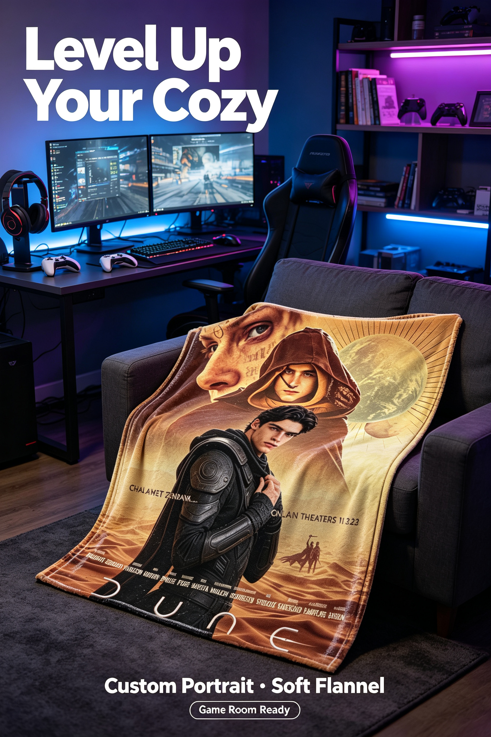 Custom Face Blanket Dune Part Two Movie Character Flannel Blanket for Fans and Collectors — Perfect Gift or Giveaway for Sci-Fi Enthusiasts