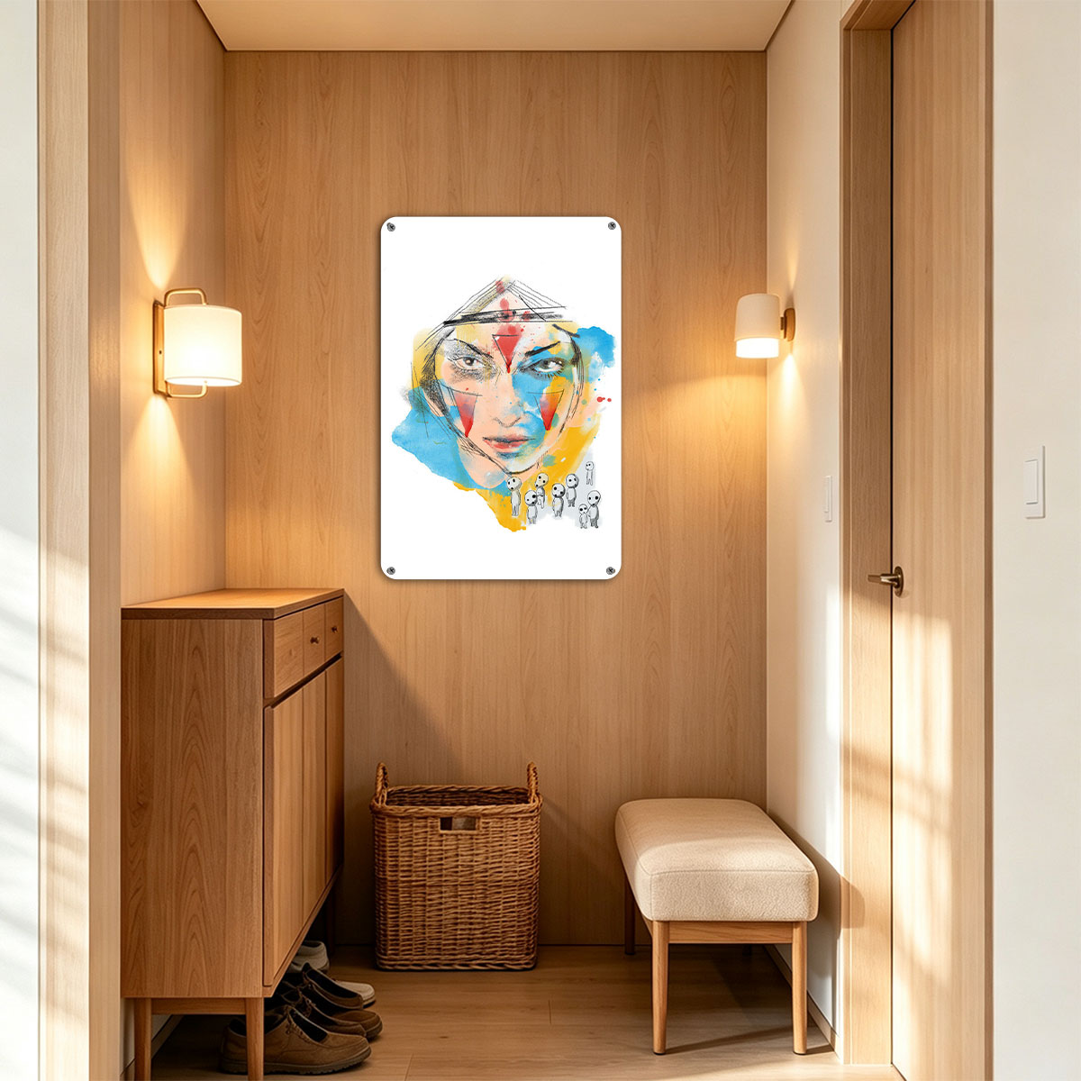 Abstract Portrait with Colorful Geometric Patterns and Miniature Figures - painting