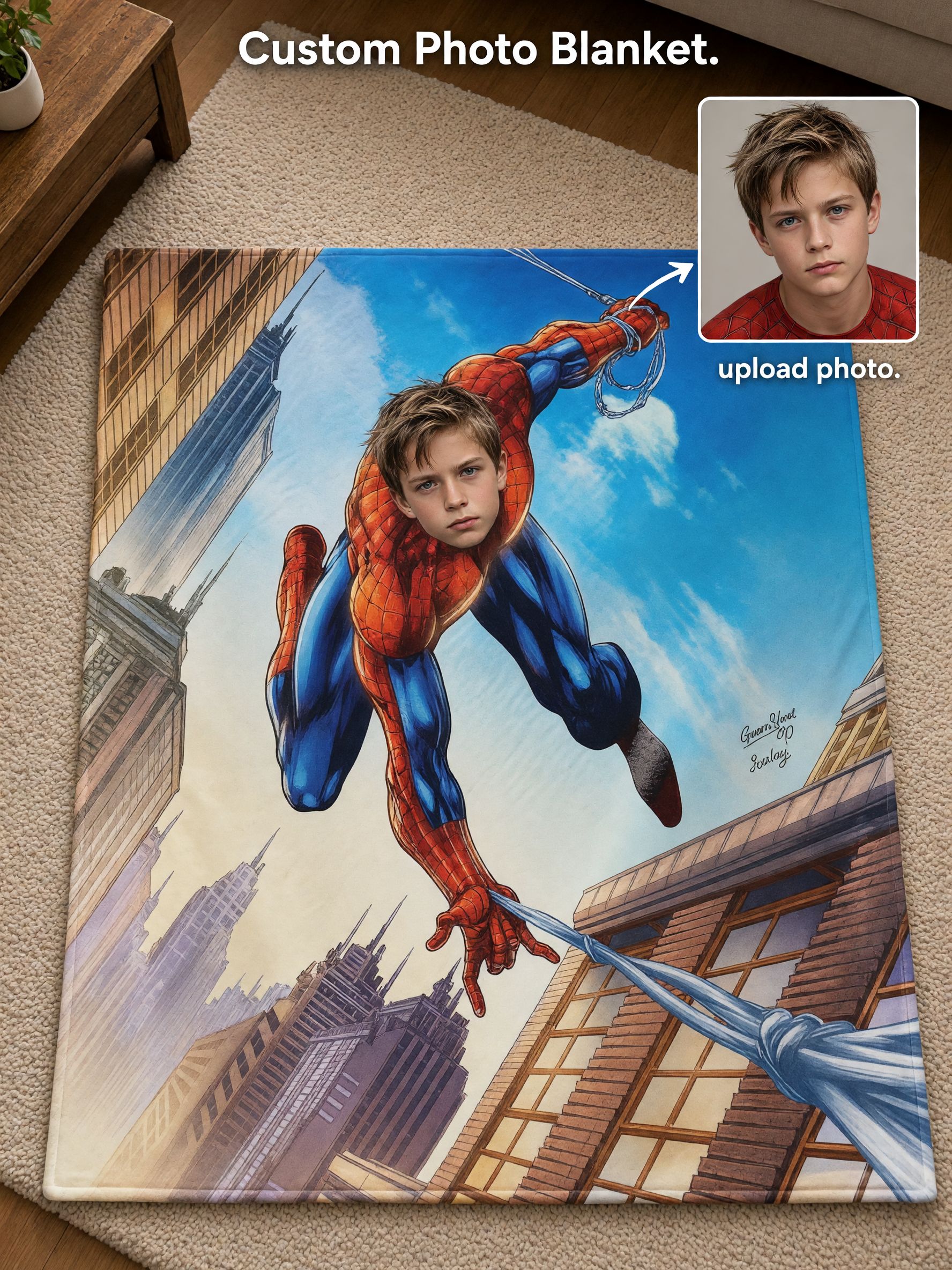 Custom Face Superhero Flannel Blanket, Personalized Photo Throw for Kids Adults, Soft Warm Fleece Bed Couch Decor