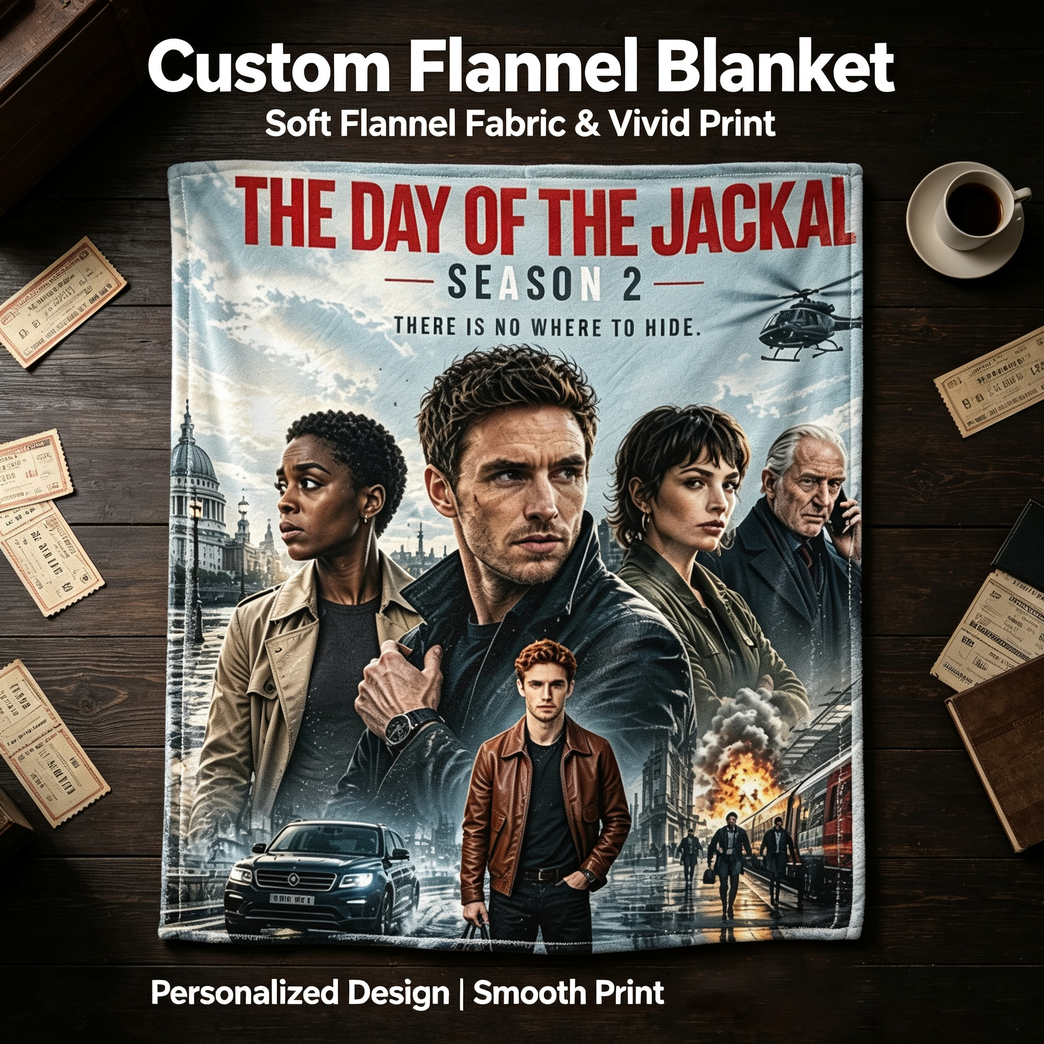 Custom Face Blanket The Day of the Jackal Season 2 Flannel Blanket Perfect for Fans of Eddie Redmayne and Lashana Lynch Ideal for Couch Watching or as a Unique Gift or Giveaway