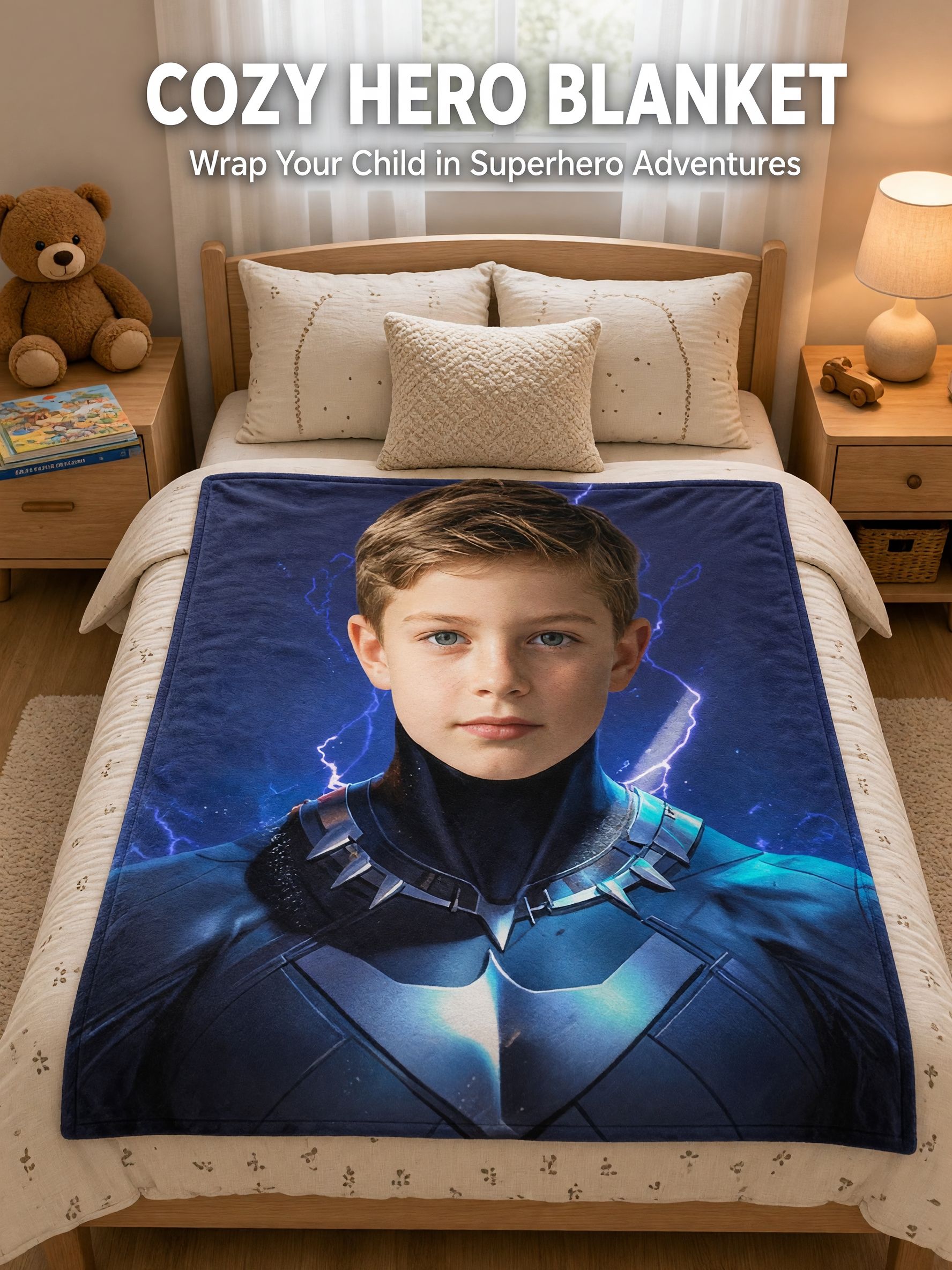 Custom Superhero Photo Flannel Fleece Blanket, Personalized Face Print Soft Warm Throw Blanket for Kids and Family Gift
