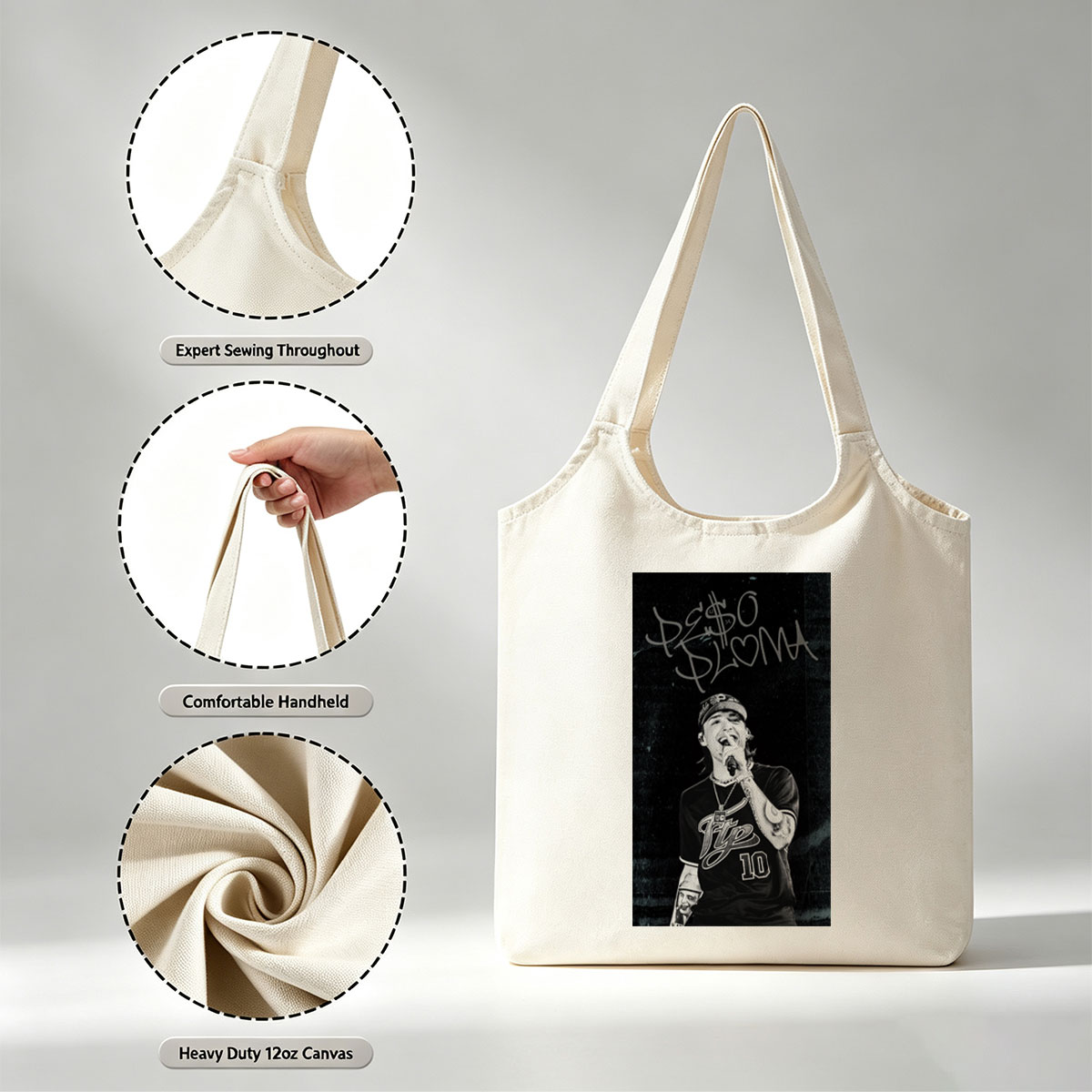 Peso Pluma Performing Live in Black and White Concert Photo - Canvas shoulder bags/