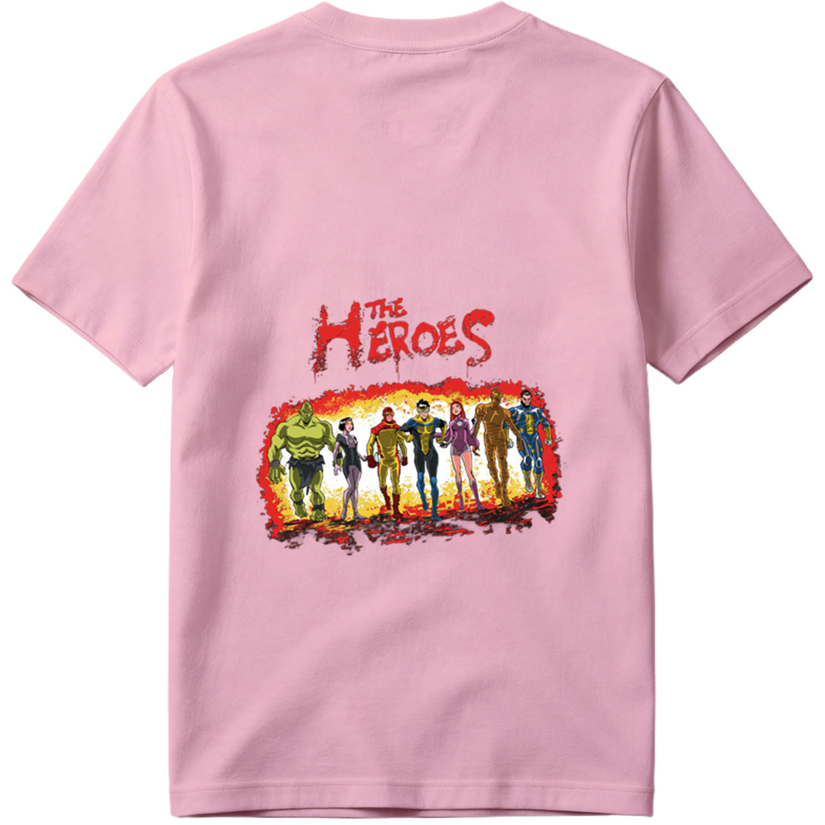 The Heroes: Green Hulk, Black Widow, Red Ranger, Blue Avenger, Pink Warrior, Golden Titan, and Blue Sentinel - Tee