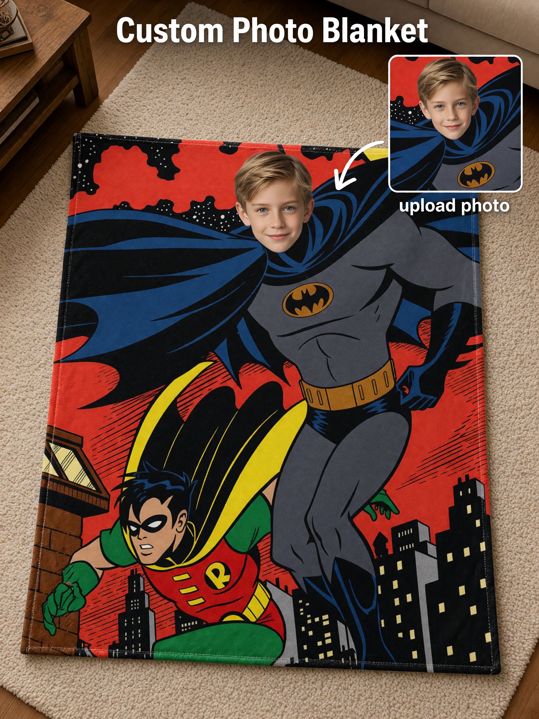 Custom Photo Superhero Face Blanket, Ultra Soft Flannel Comic Throw, Ideal Personalized Gift for Kids and Bed Couch