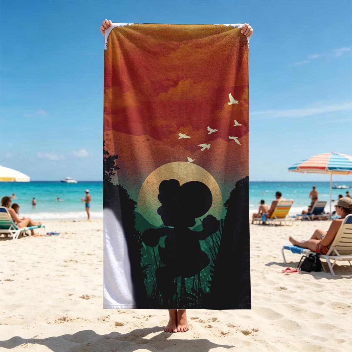 Mickey Mouse Silhouette at Sunset with Birds Flying - Beach towels