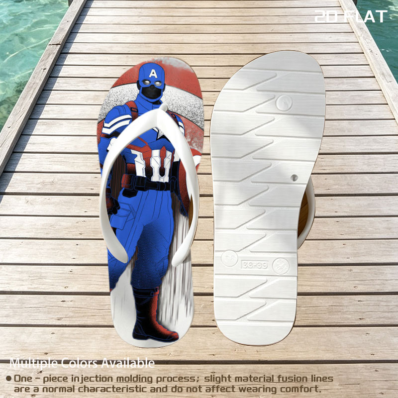 Captain America in Tactical Suit with Shield, Standing Against a Dynamic Red, White, and Blue Background -  flip-flops