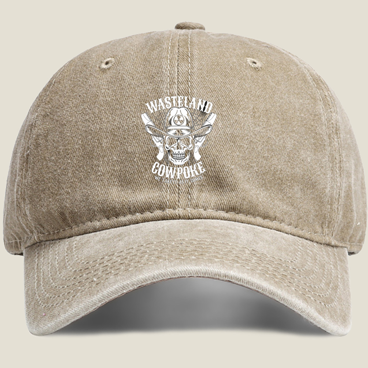 Wasteland Cowpoke: Skull with Cowboy Hat and Revolvers - Washed Denim - Baseball Cap