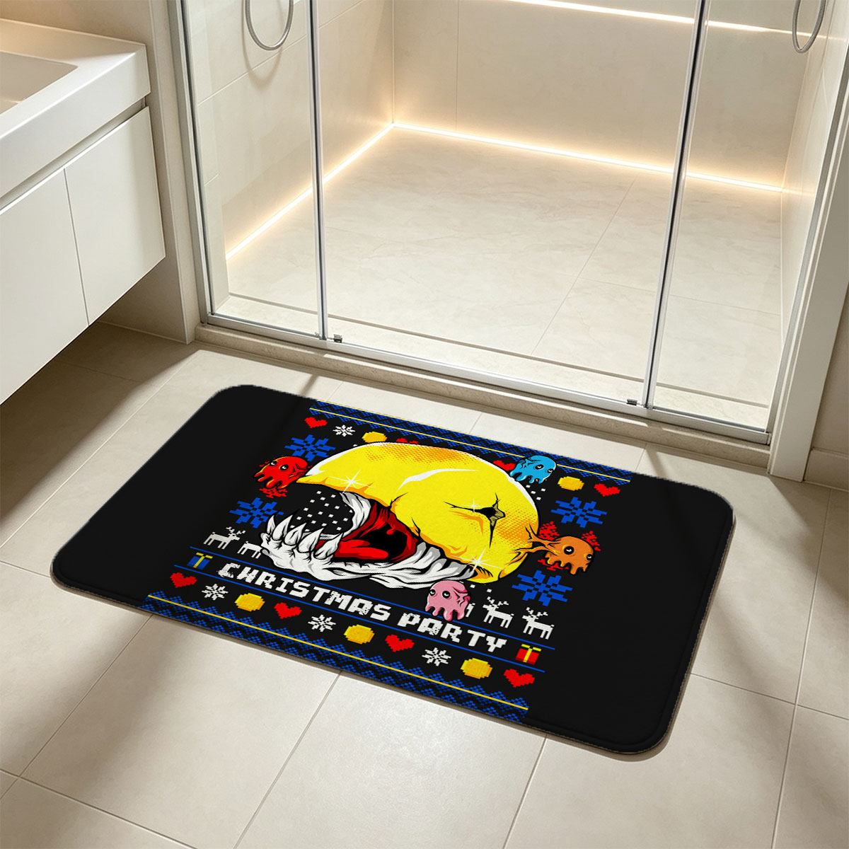 Pac-Man Christmas Party with Ghosts and Holiday Patterns - Flannel floor mat