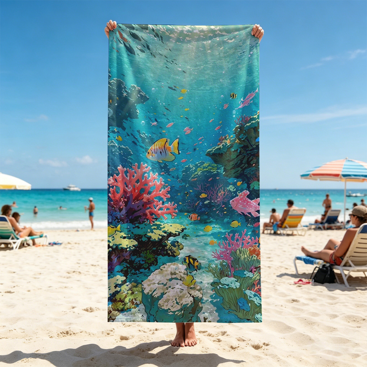 Vibrant Coral Reef with Colorful Fish and Sunlight Rays - Beach towels