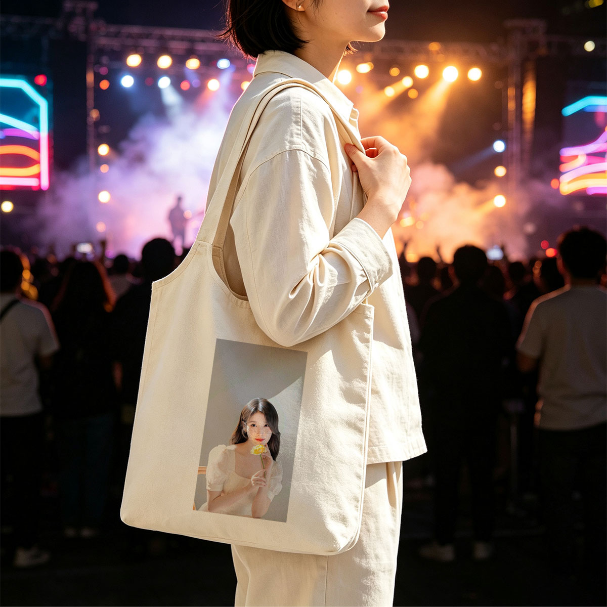 IU Holding a Yellow Rose in a Soft White Dress - Canvas shoulder bags/