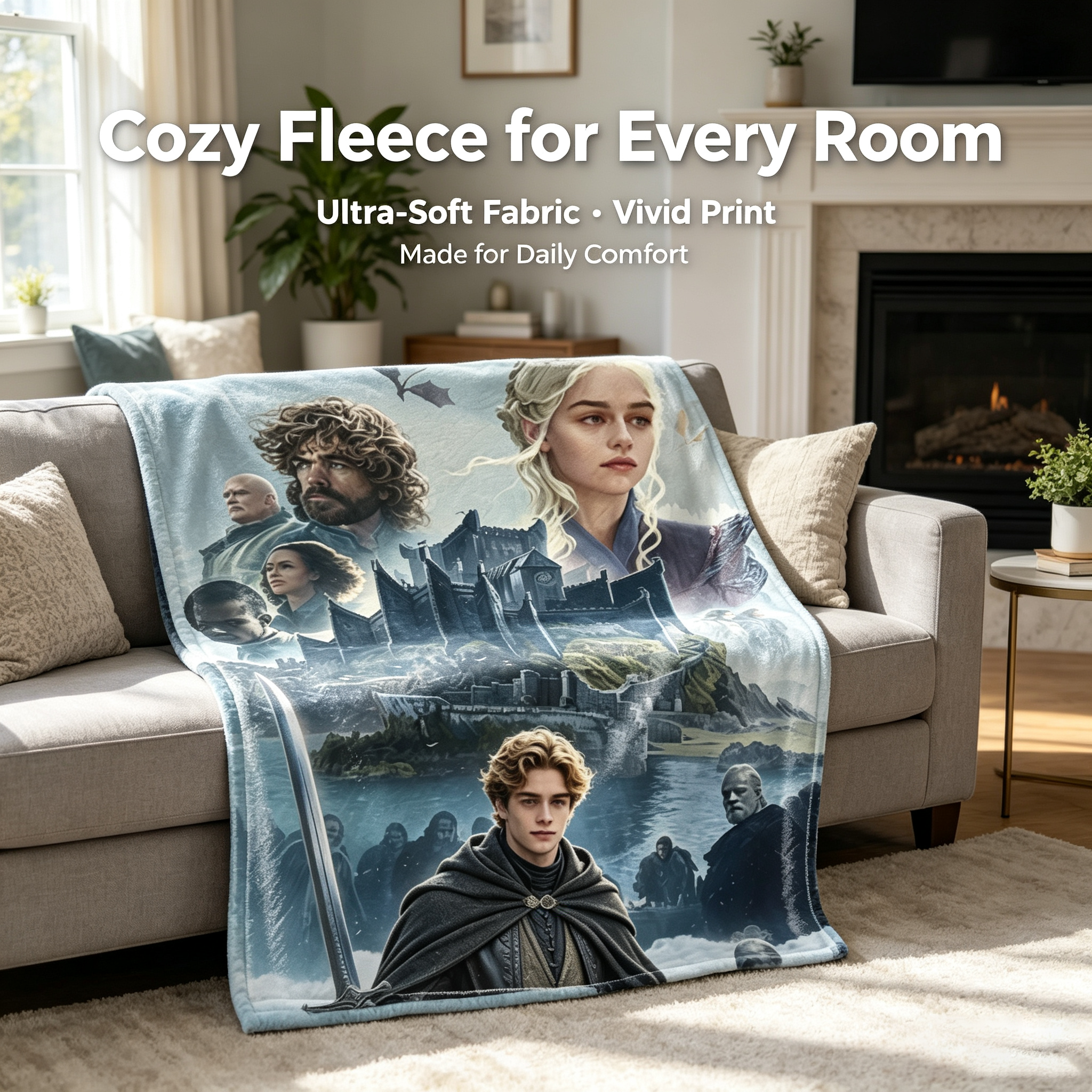Custom Face Blanket Game of Thrones Character Portrait Flannel Blanket for Couch, Bed, or Travel – Perfect Gift or Giveaway for Fans