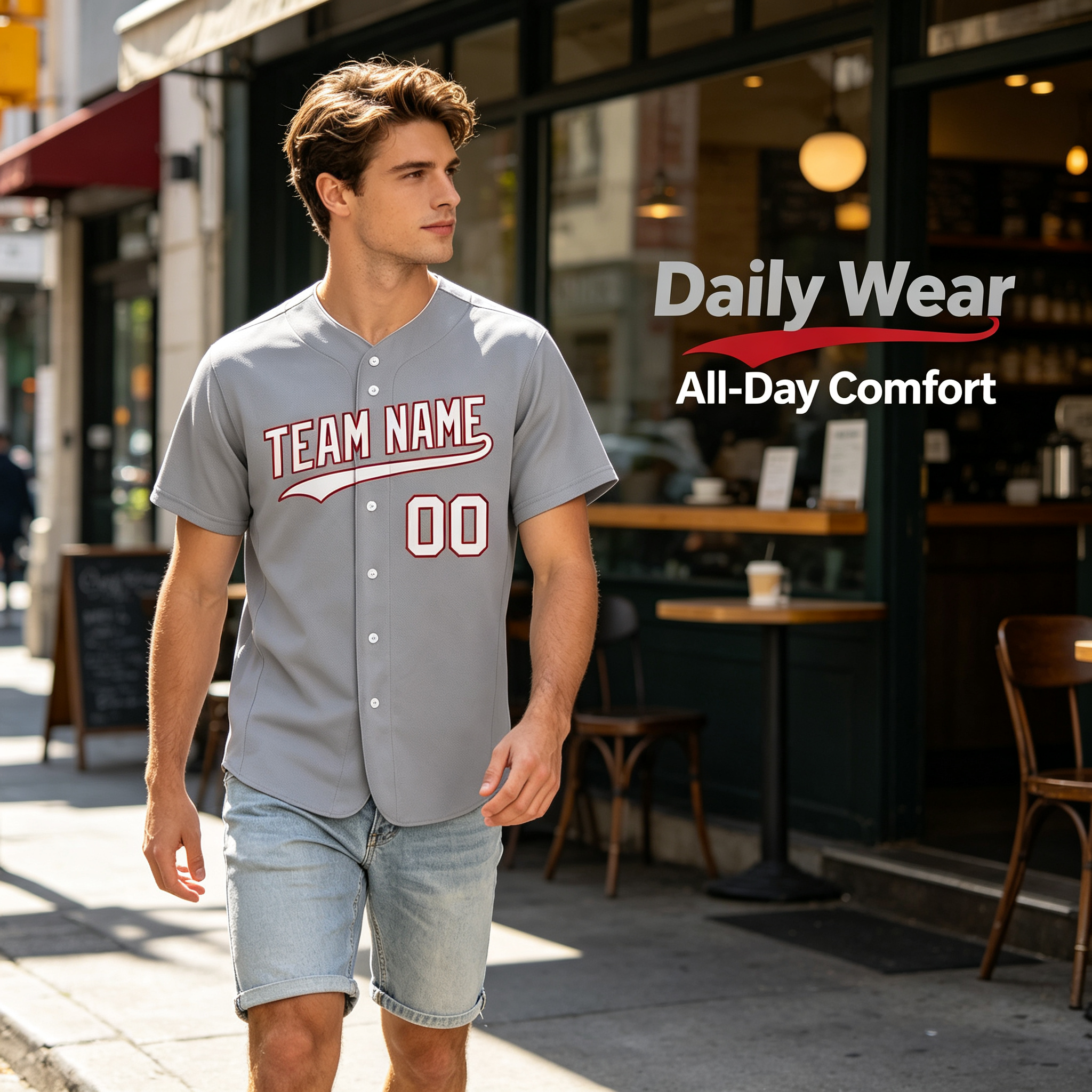 Custom Printed Detroit Script Style Baseball Jersey Gray Navy Piping Button Down Shirt for Men and Women