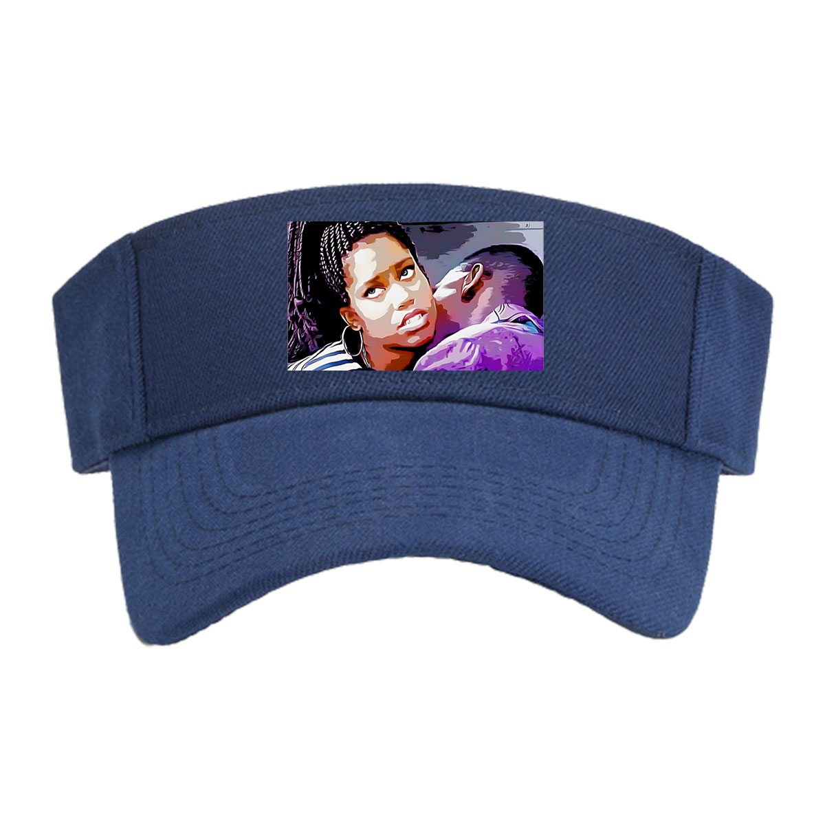 Woman with Braids and Hoop Earrings in Striped Shirt, Man in Purple Shirt with Tattooed Back -  Visor cap